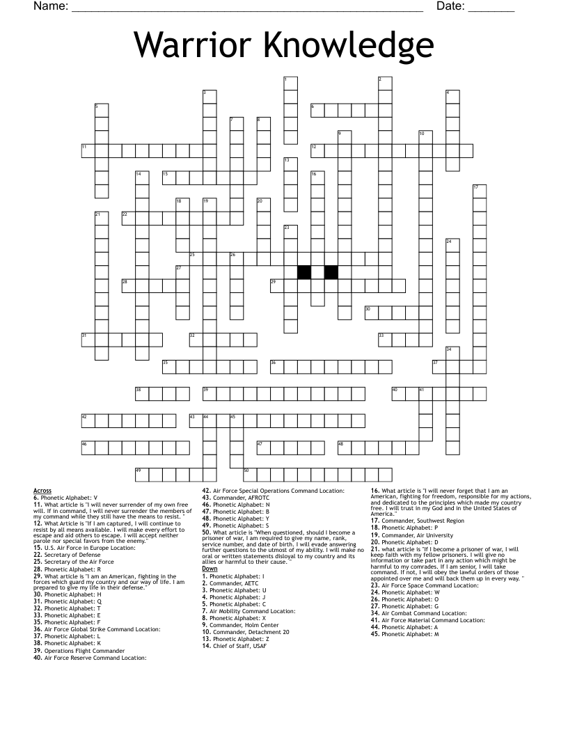 Warrior Knowledge Crossword