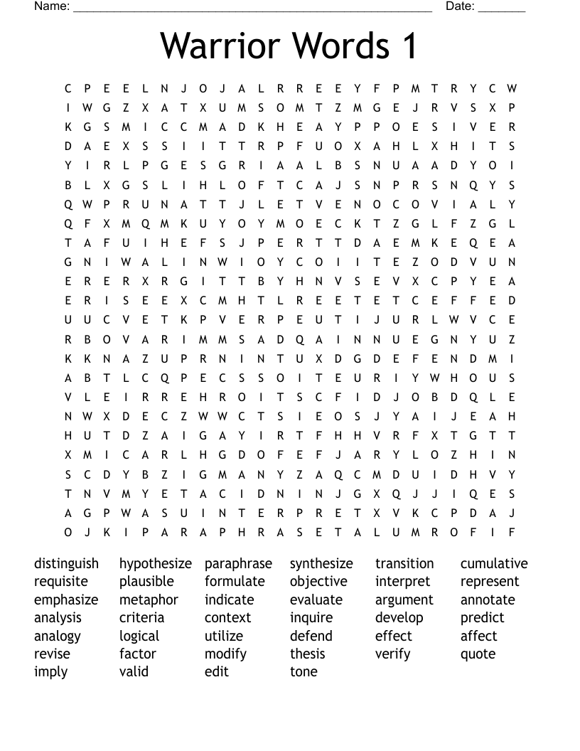 Warrior Words 1 Word Search