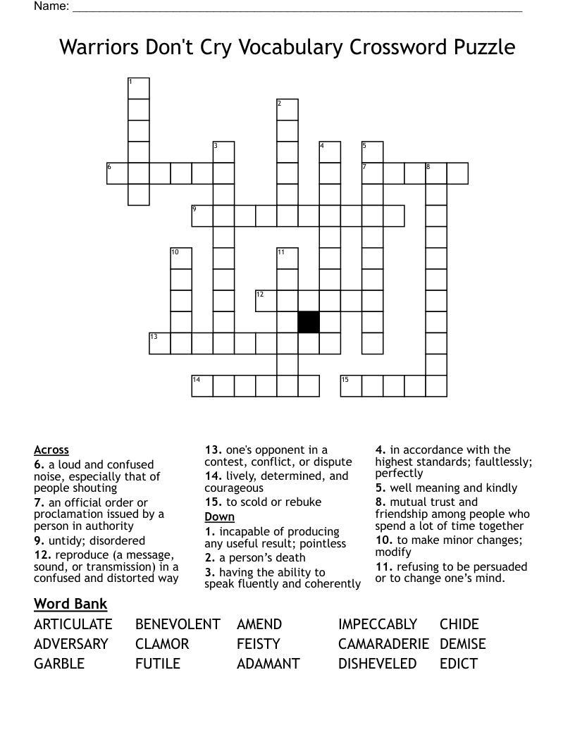 Warriors Don't Cry Vocabulary Crossword Puzzle