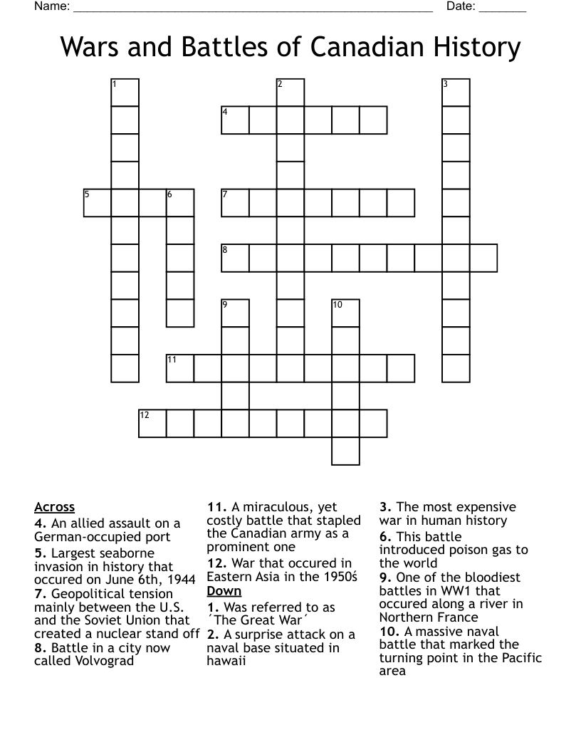 Wars and Battles of Canadian History Crossword