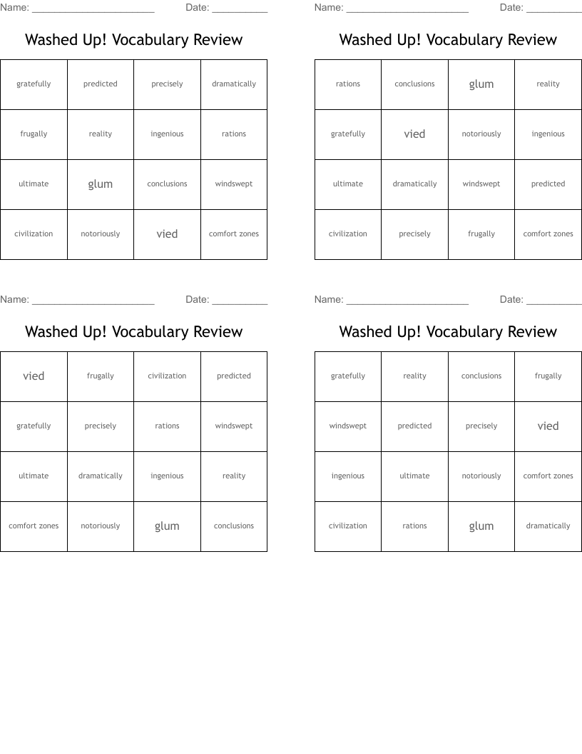 Washed Up! Vocabulary Review Bingo Cards