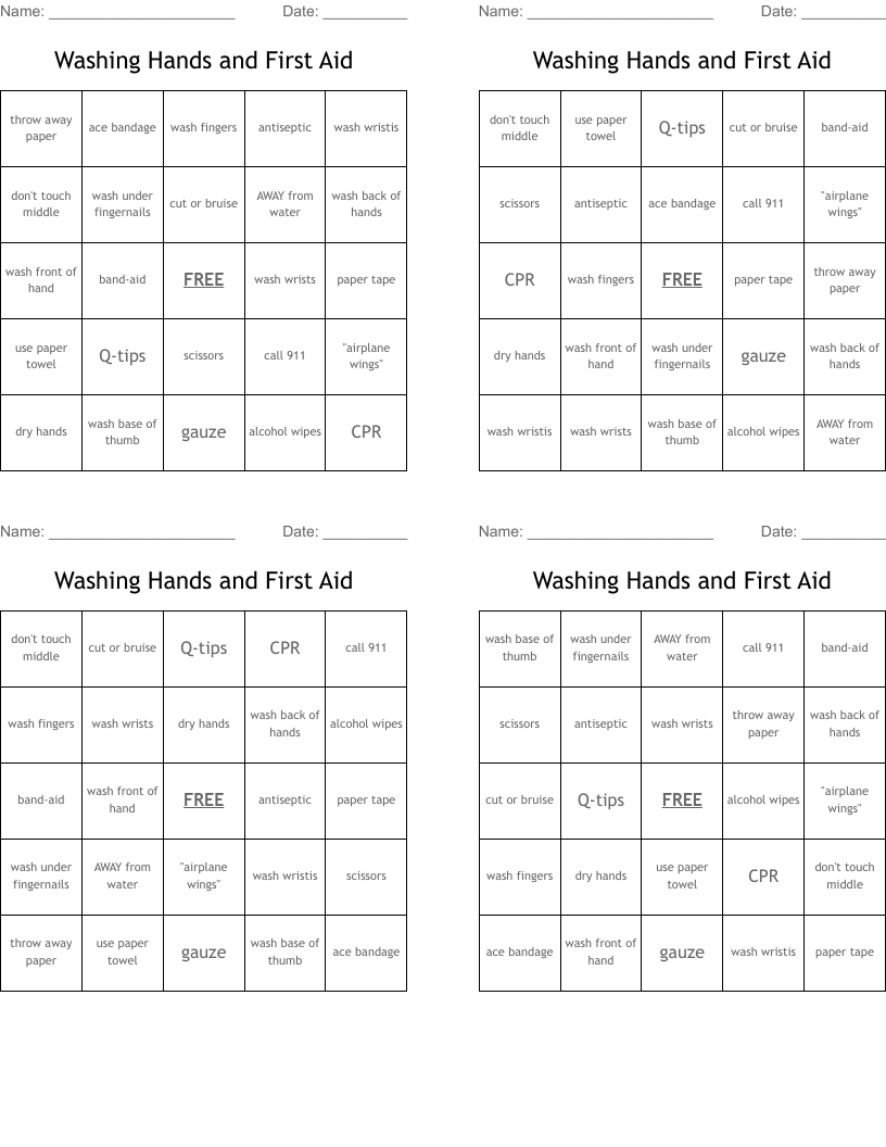 Washing Hands and First Aid Bingo Cards