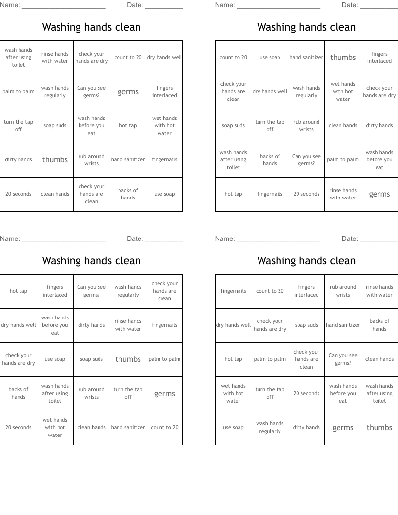 Washing hands clean Bingo Cards