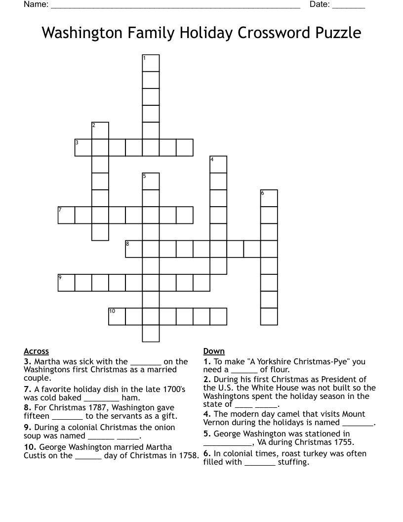 Washington Family Holiday Crossword Puzzle