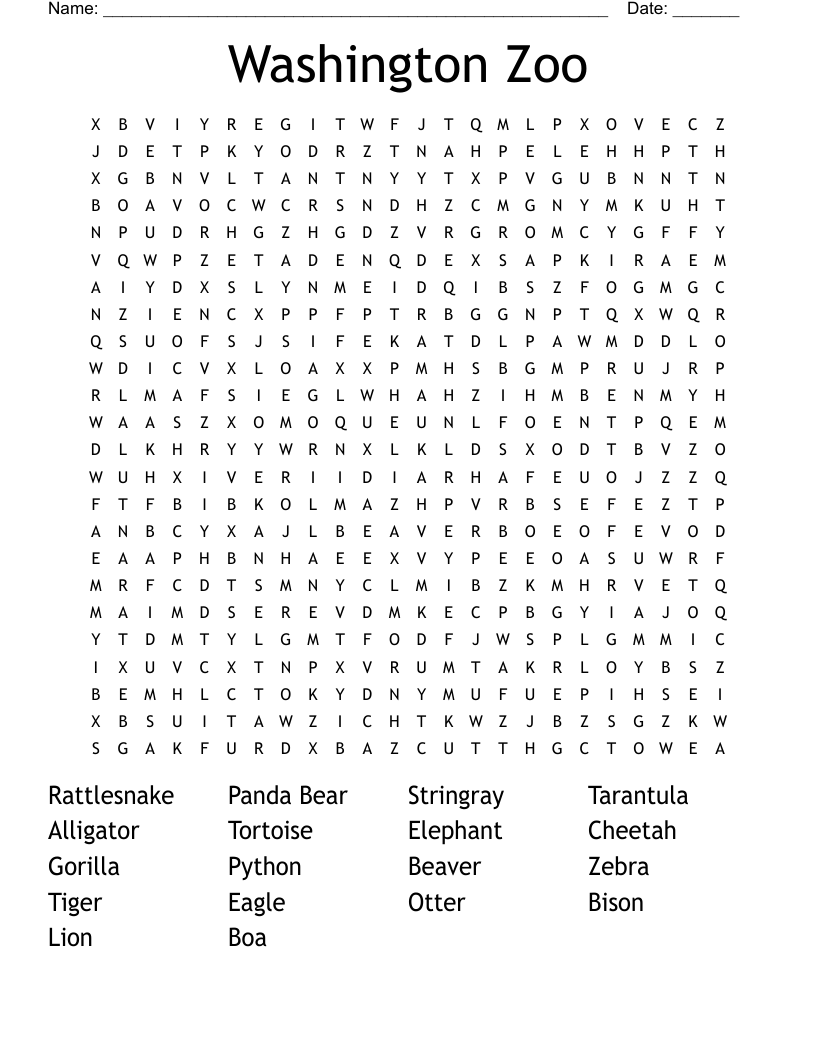 Washington Zoo Word Search