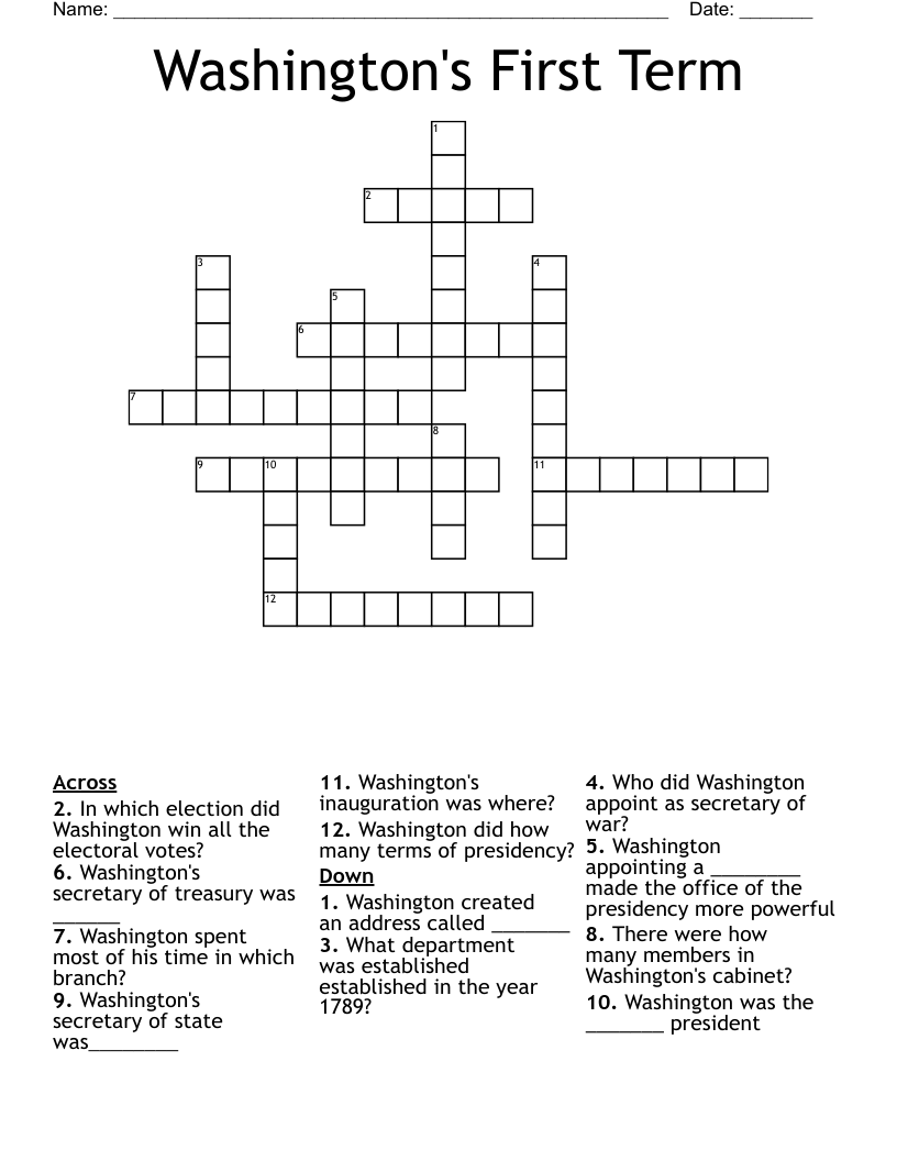 Washington's First Term Crossword