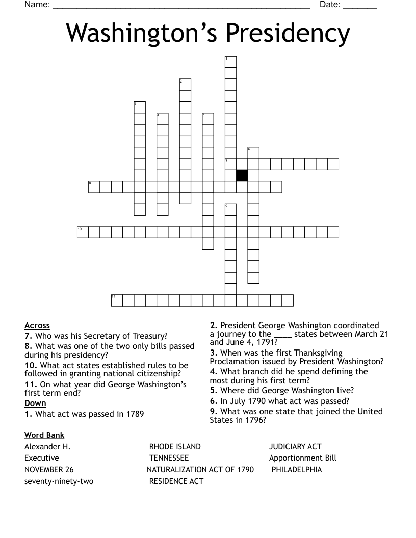 Washington’s Presidency Crossword
