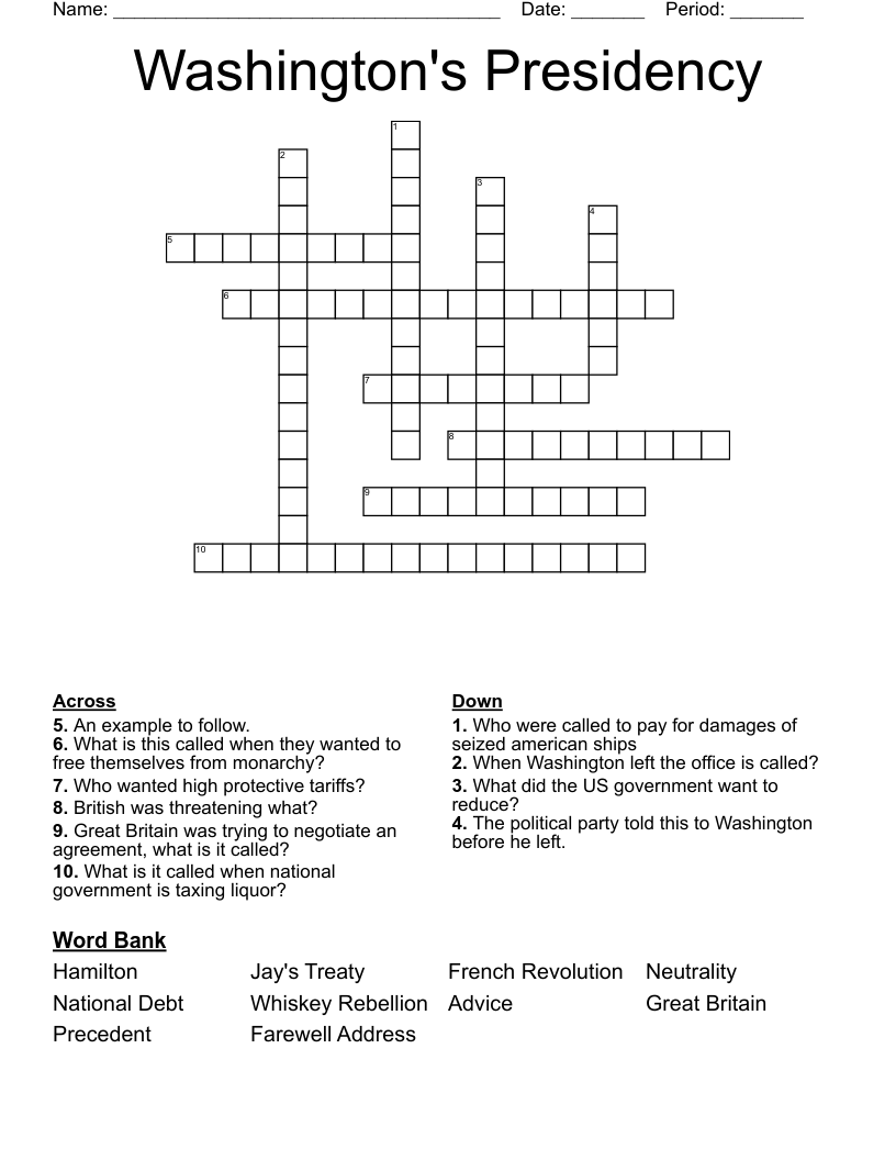 Washington's Presidency Crossword
