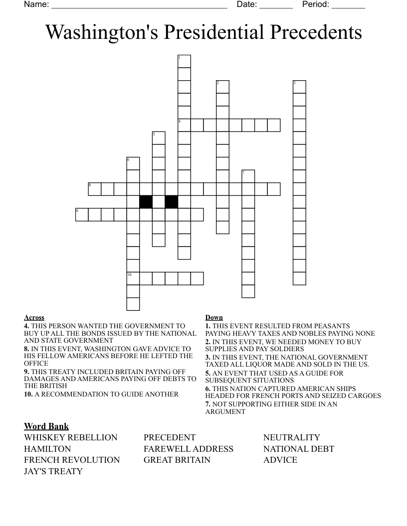 Washington's Presidential Precedents  Crossword