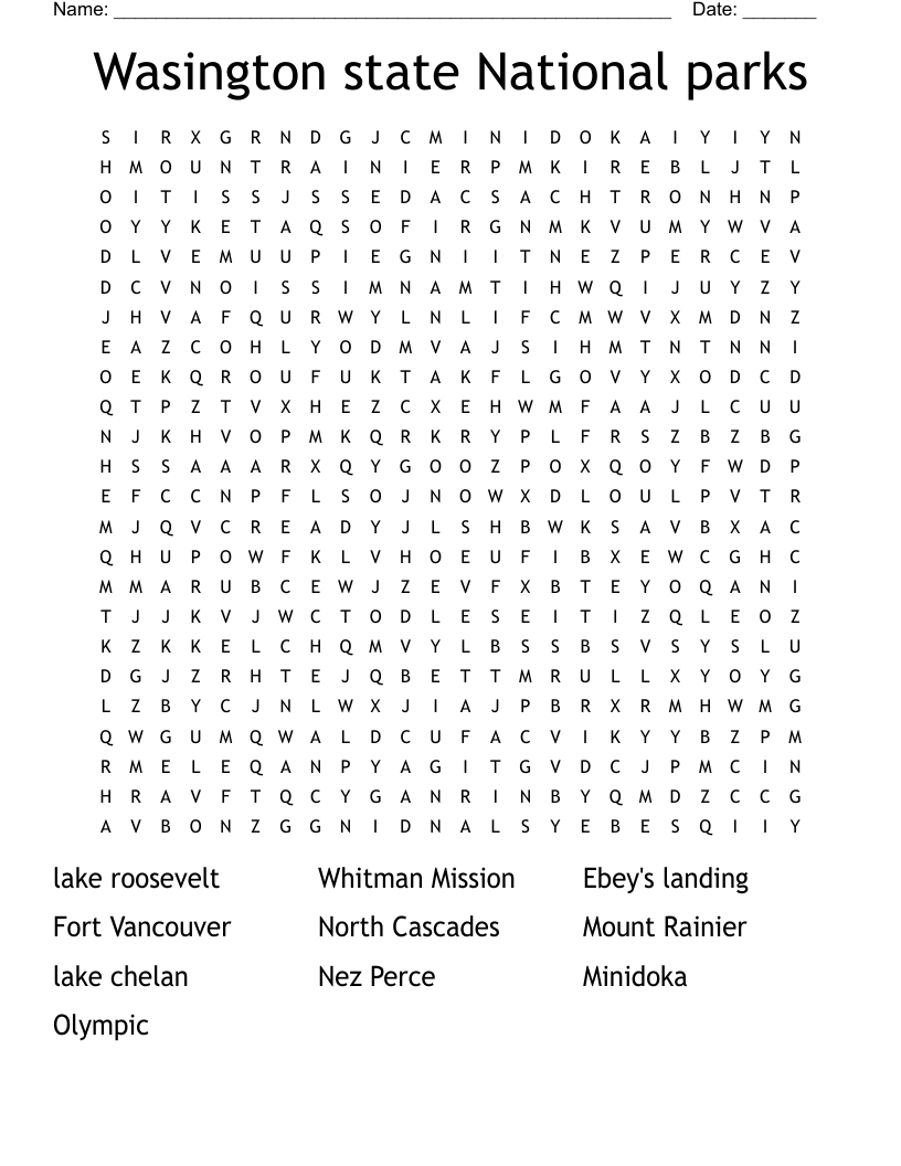 Wasington state National parks Word Search