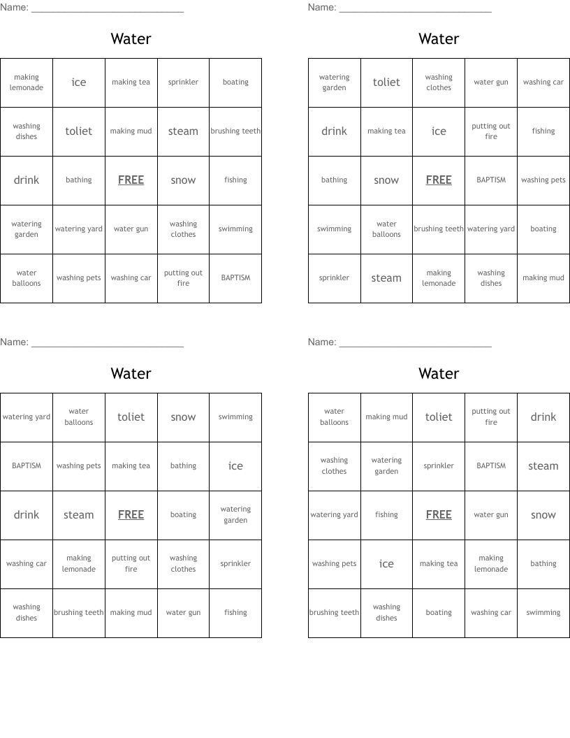 Water Bingo Cards