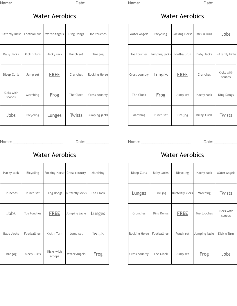 Water Aerobics Bingo Cards