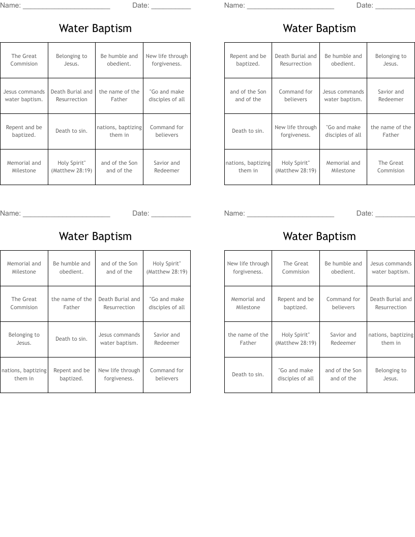 Water Baptism Bingo Cards