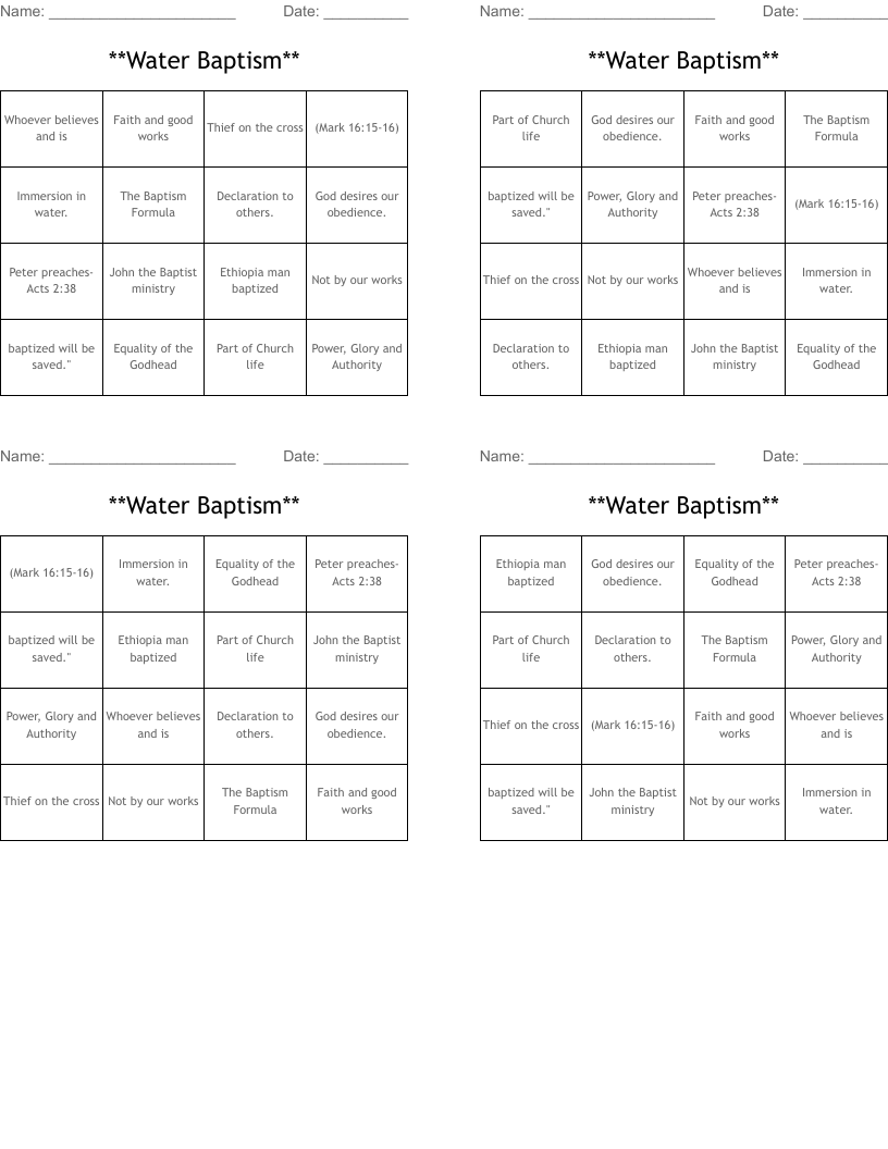 **Water Baptism** Bingo Cards