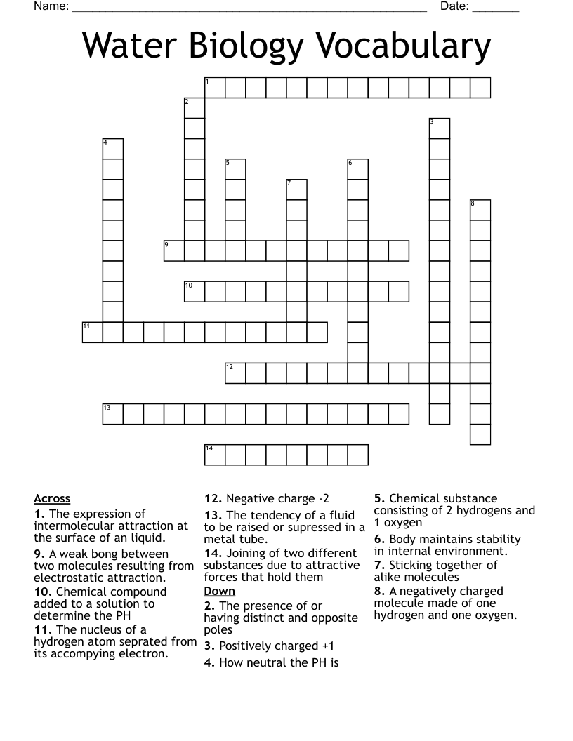 Water Biology Vocabulary Crossword