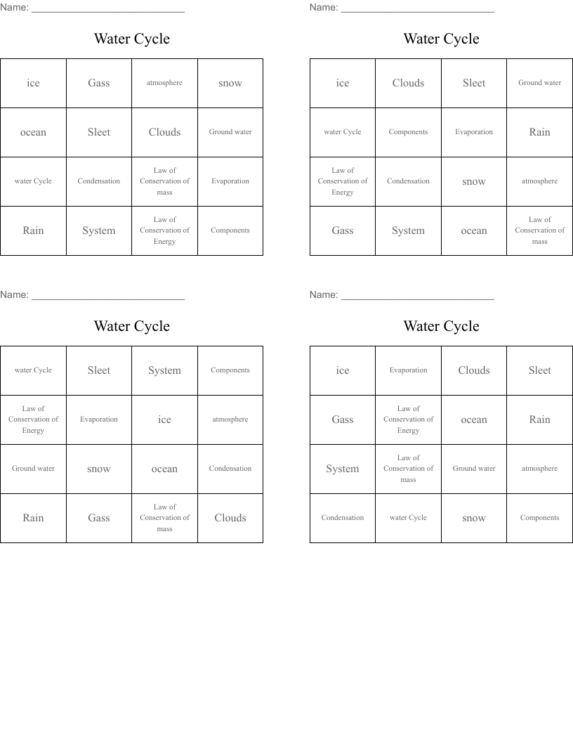 Water Cycle Bingo Cards