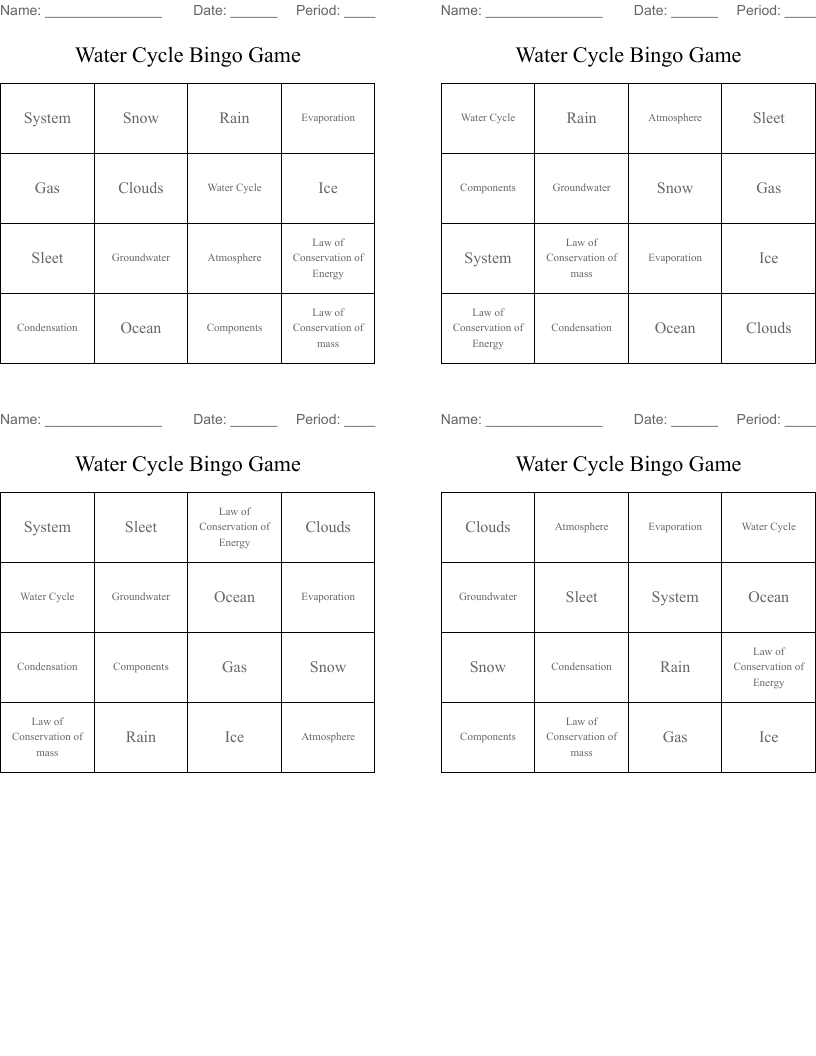 Water Cycle Bingo Game