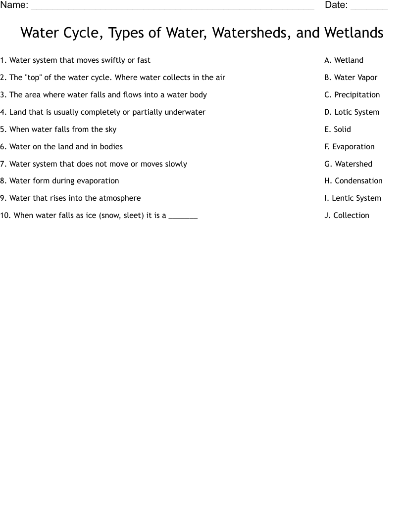 Water Cycle, Types of Water, Watersheds, and Wetlands Worksheet