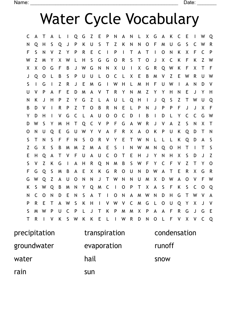 Water Cycle Vocabulary Word Search