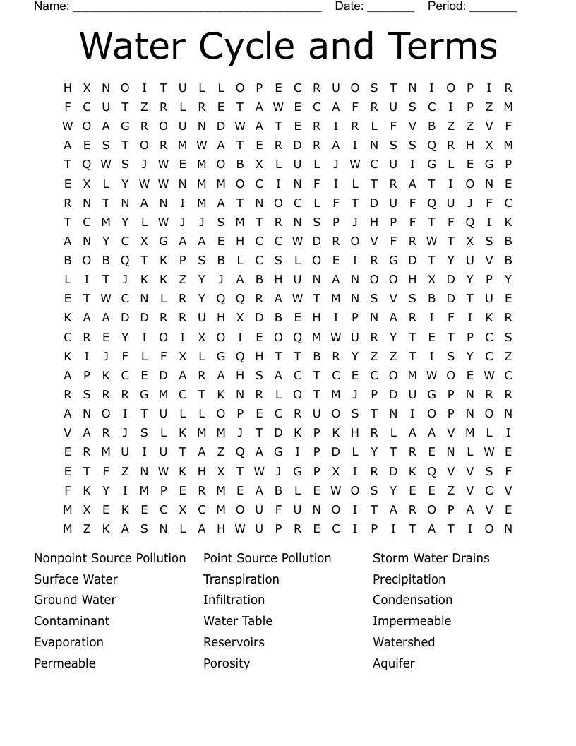 Water Cycle and Terms Word Search