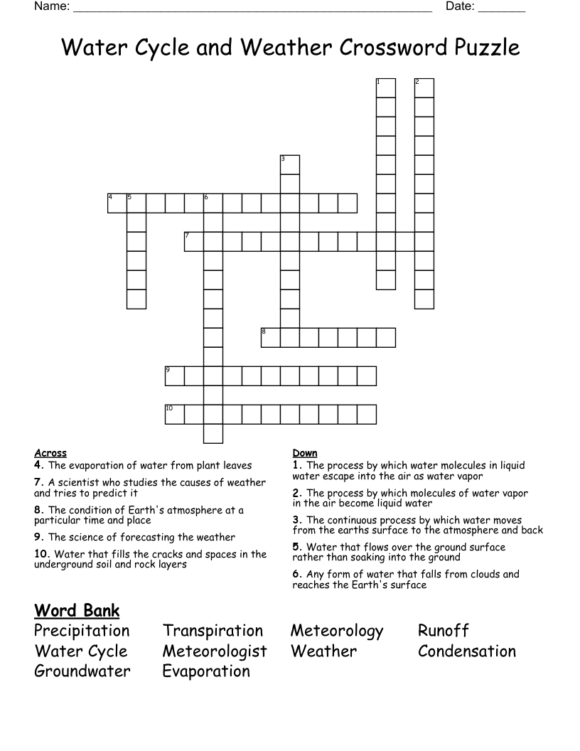 Water Cycle and Weather Crossword Puzzle