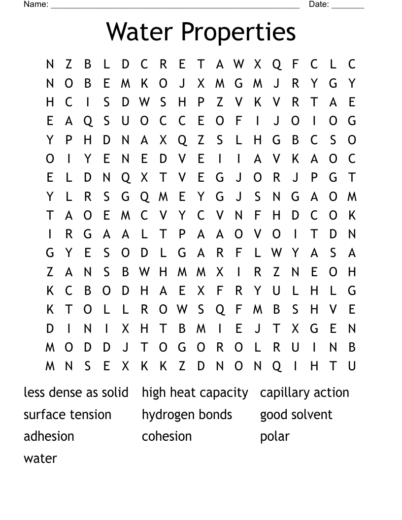 Water Properties Word Search