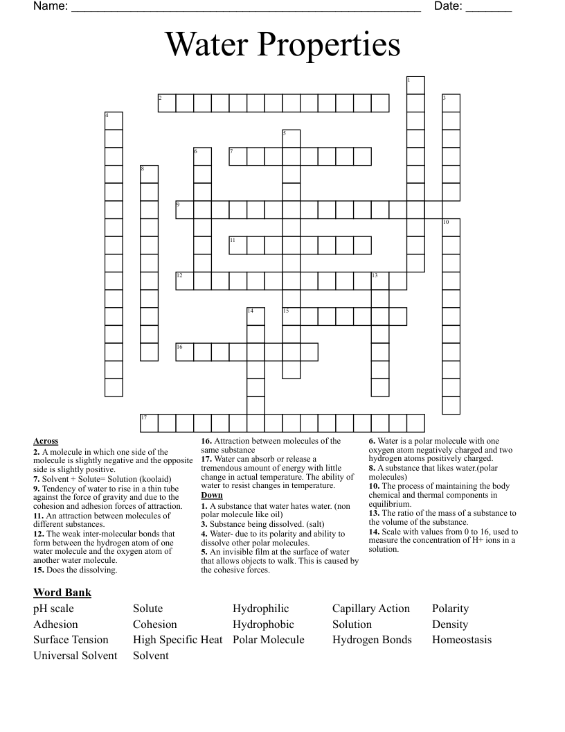 Water Properties Crossword