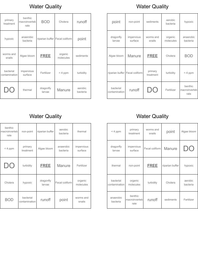 Water Quality Bingo Cards
