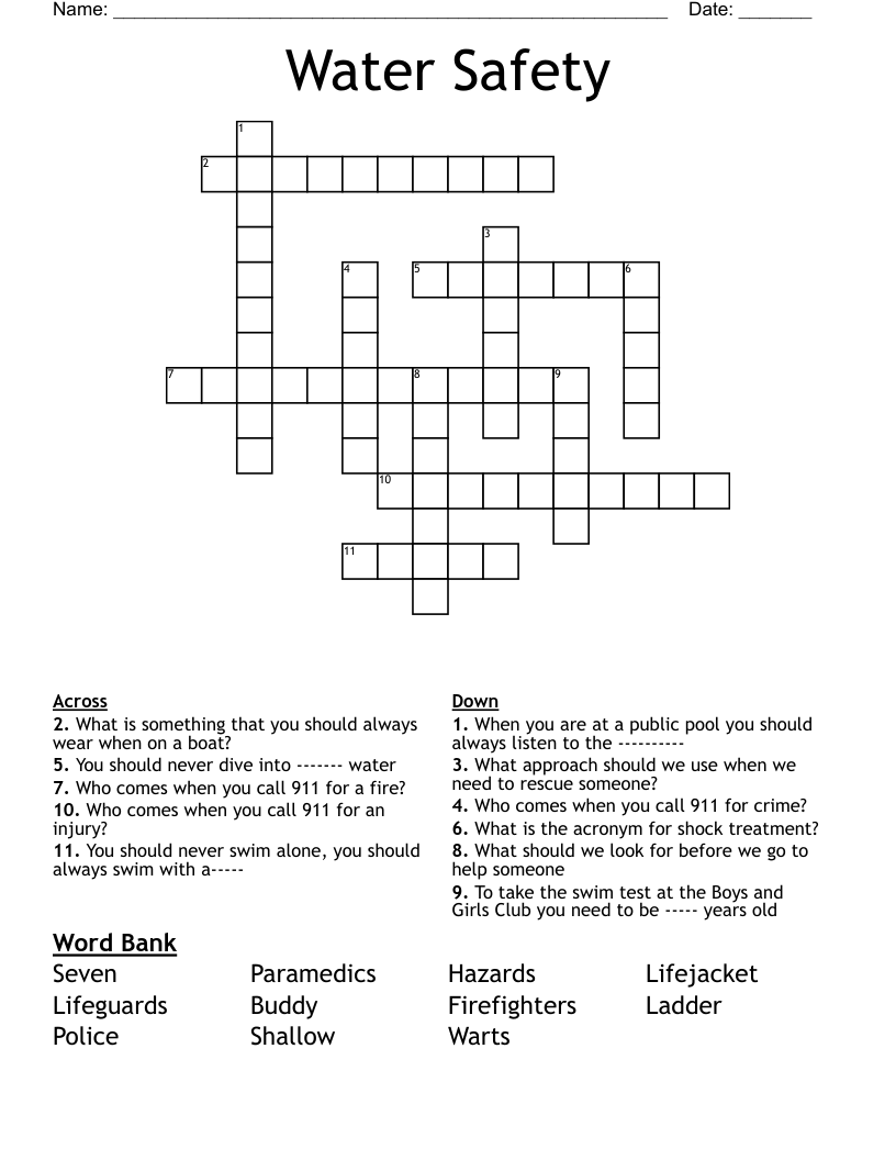 Water Safety Crossword