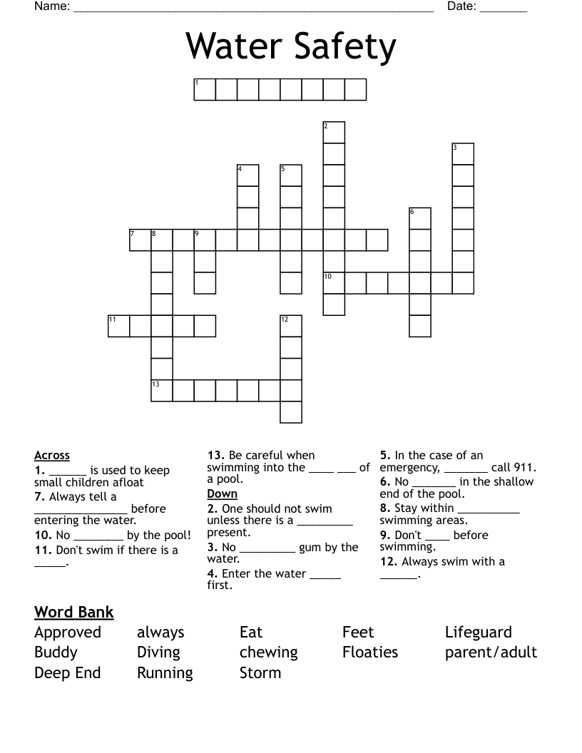 Water Safety Crossword
