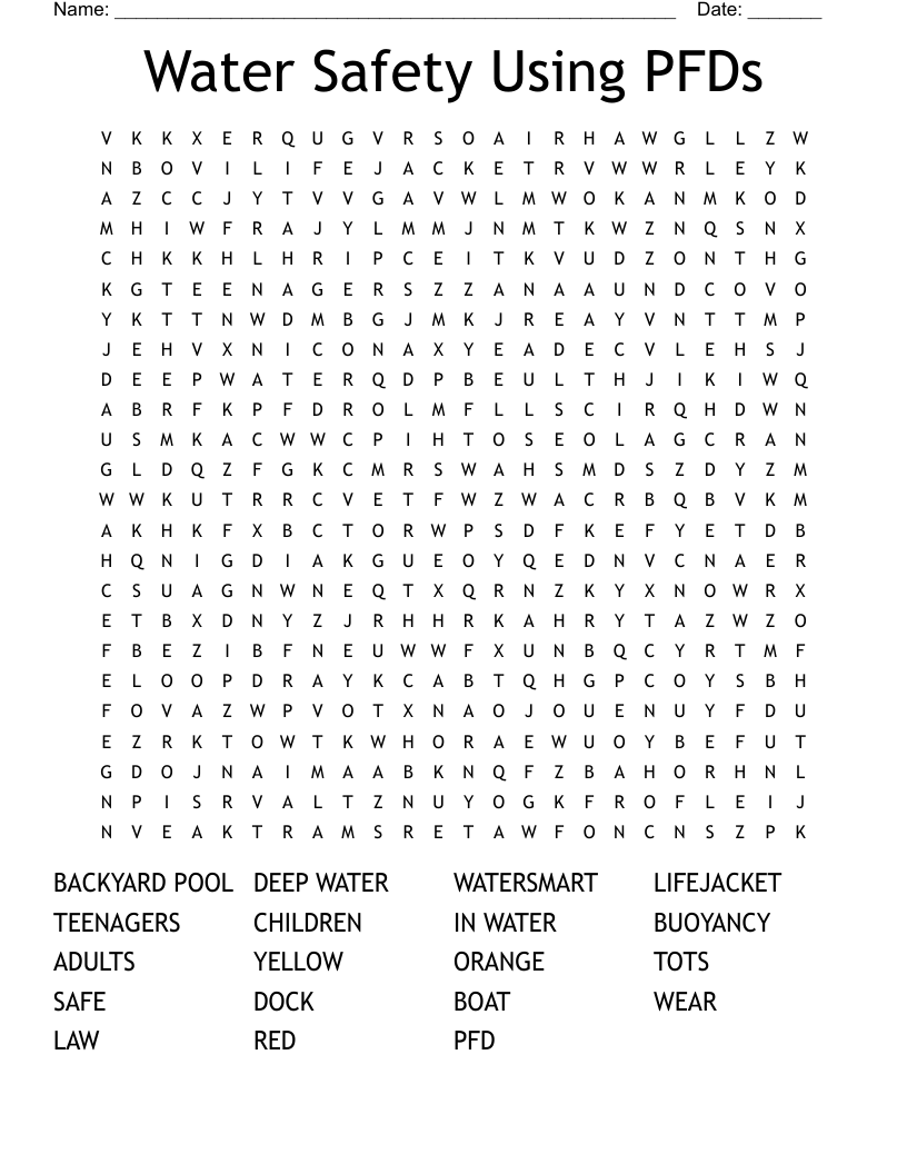 Water Safety Using PFDs Word Search