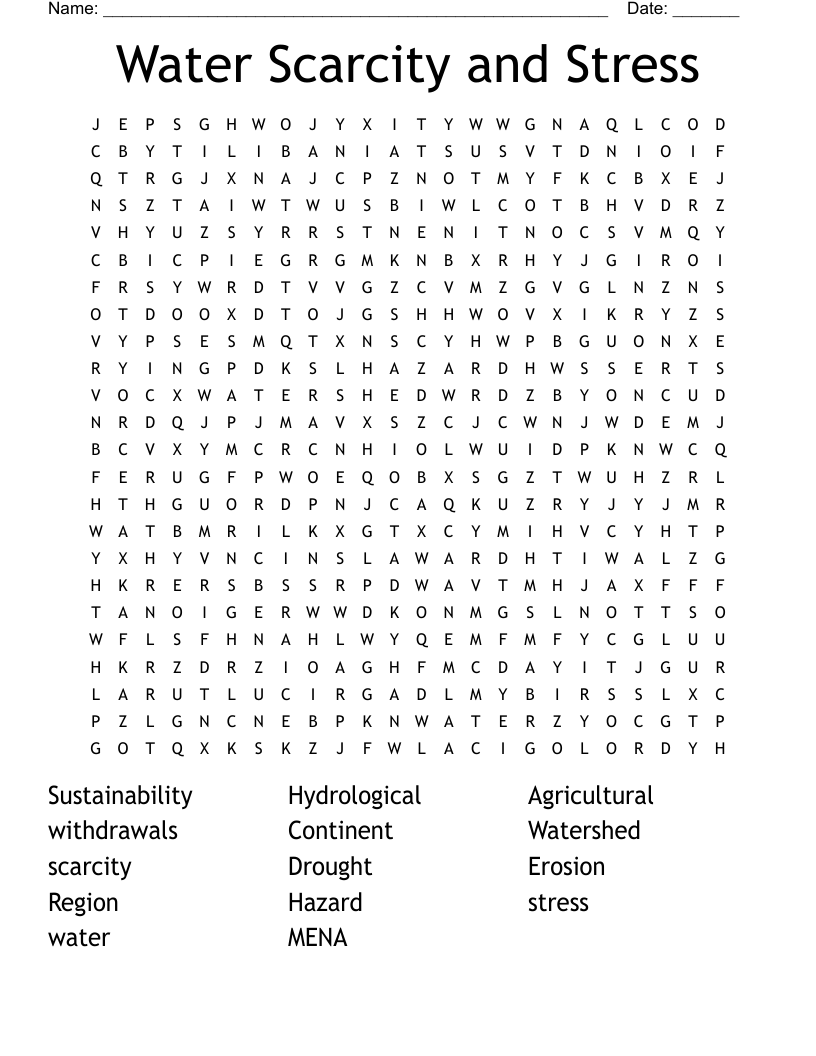 Water Scarcity and Stress Word Search