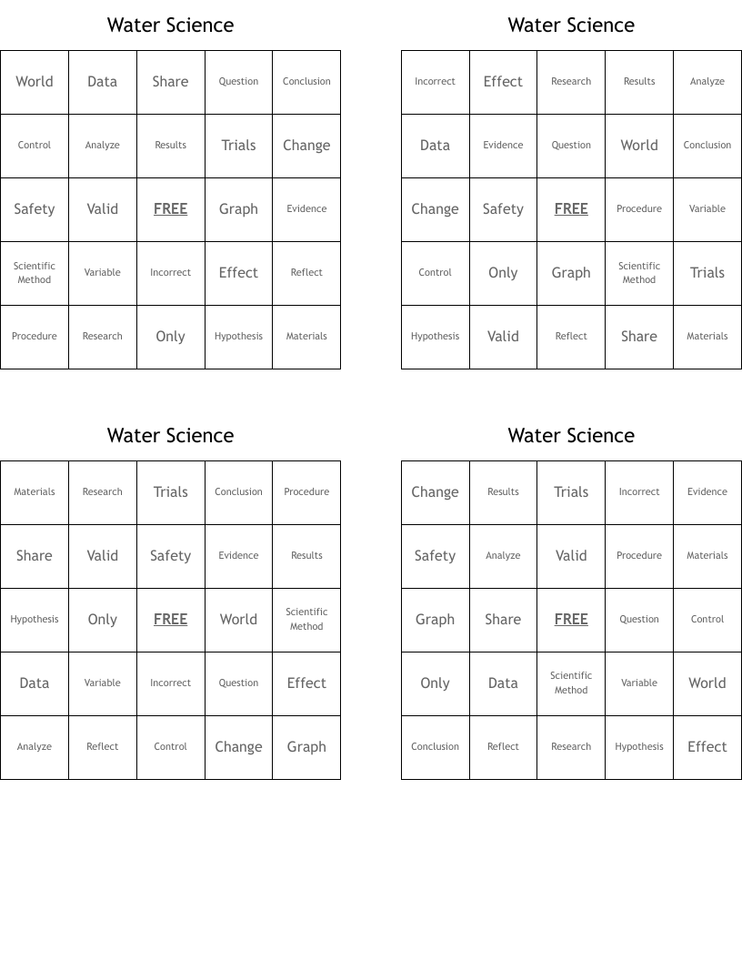 Water Science Bingo Cards