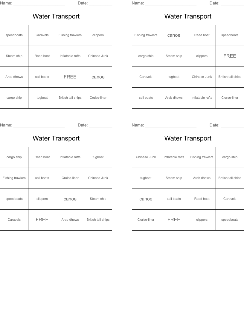 Water Transport Bingo Cards