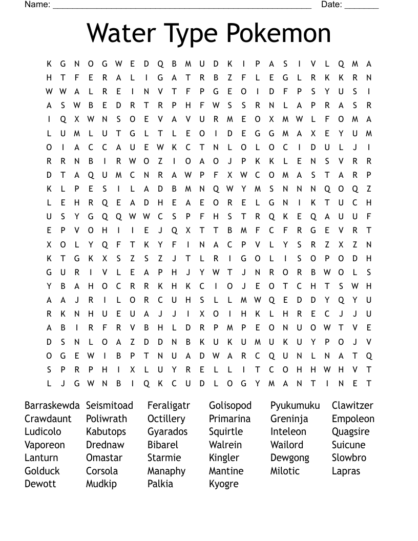 Water Type Pokemon Word Search