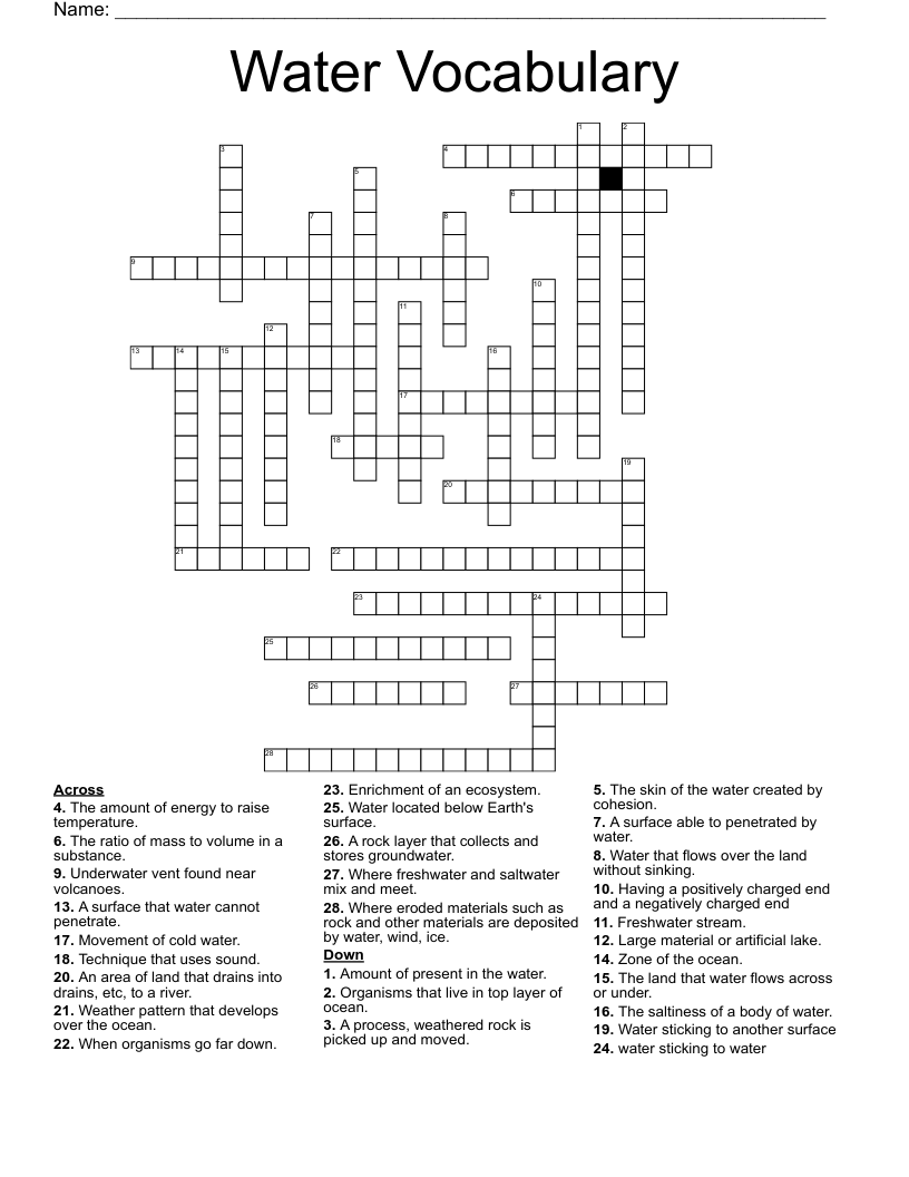 Water Vocabulary Crossword