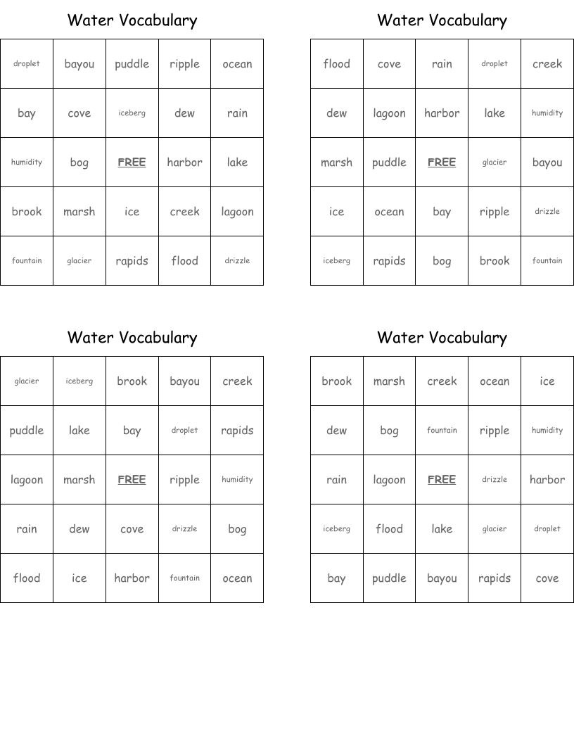 Water Vocabulary Bingo Cards