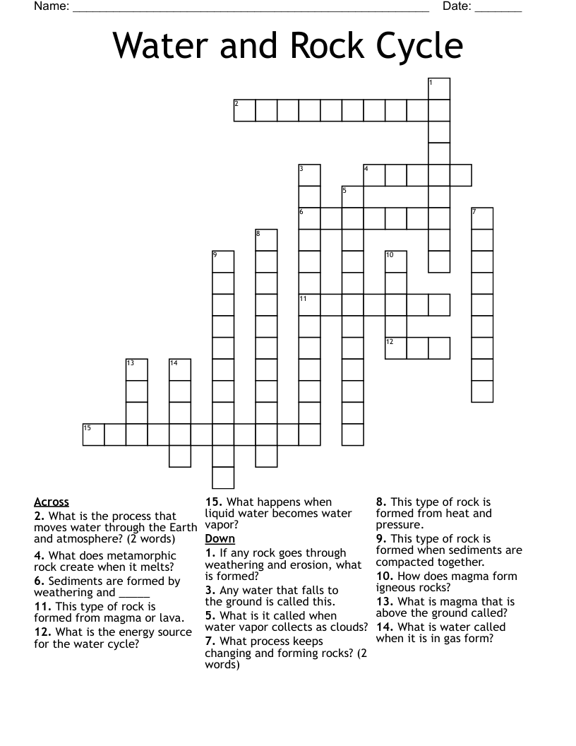 Water and Rock Cycle Crossword