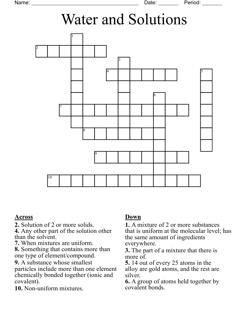 Water and Solutions Crossword