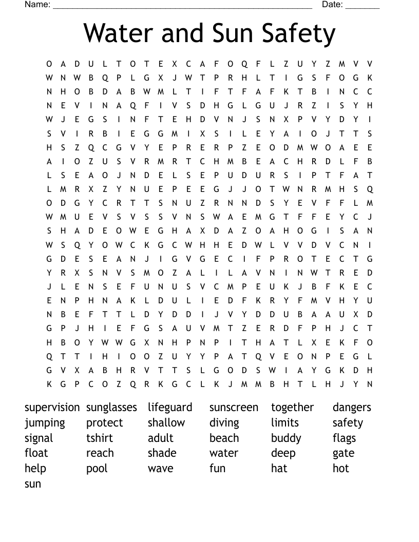 Water and Sun Safety Word Search