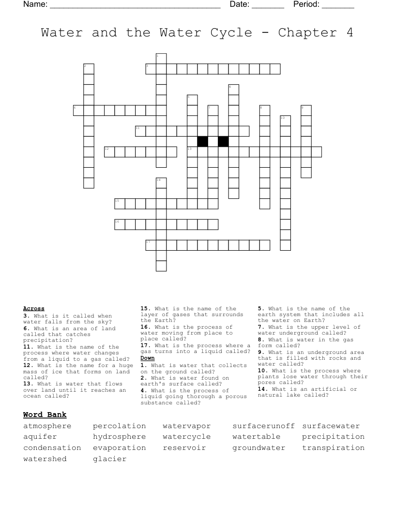 Water and the Water Cycle - Chapter 4 Crossword