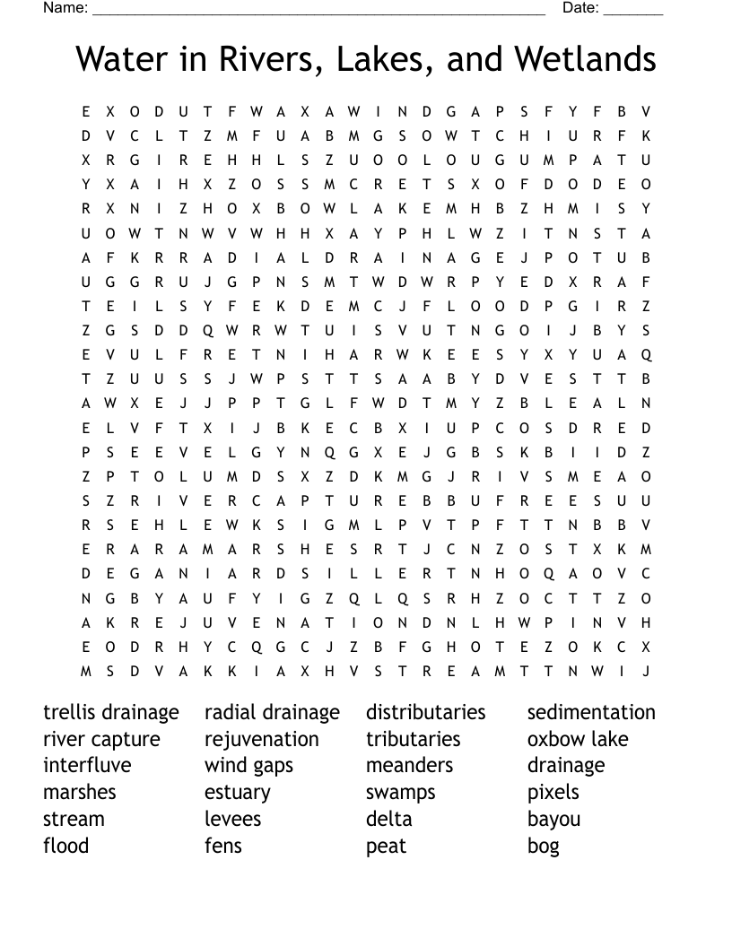 Water in Rivers, Lakes, and Wetlands Word Search