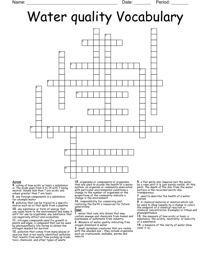 Water quality Vocabulary Crossword