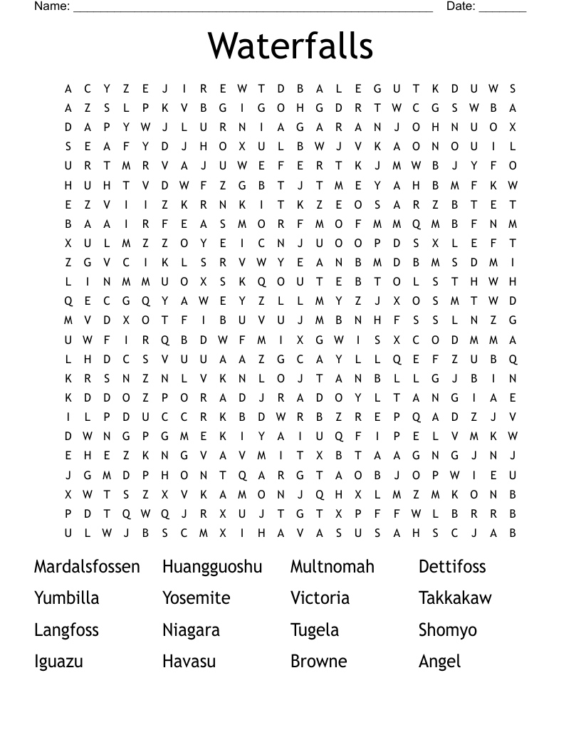 Waterfalls Word Search