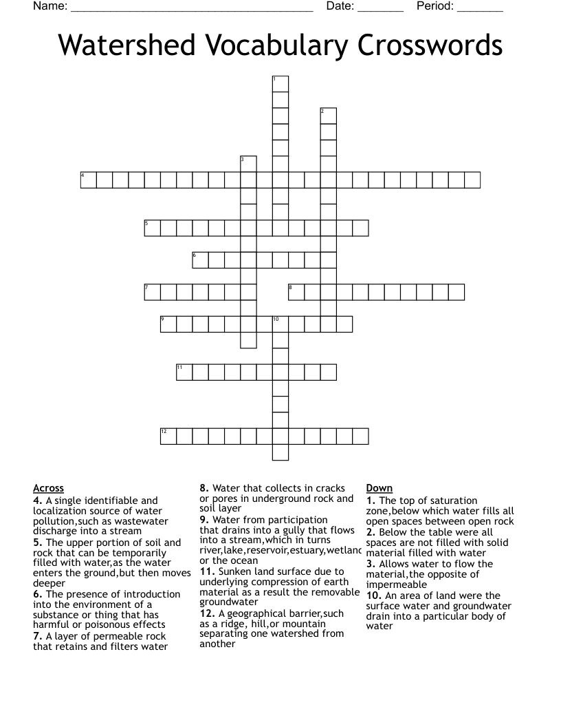 Watershed Vocabulary Crosswords