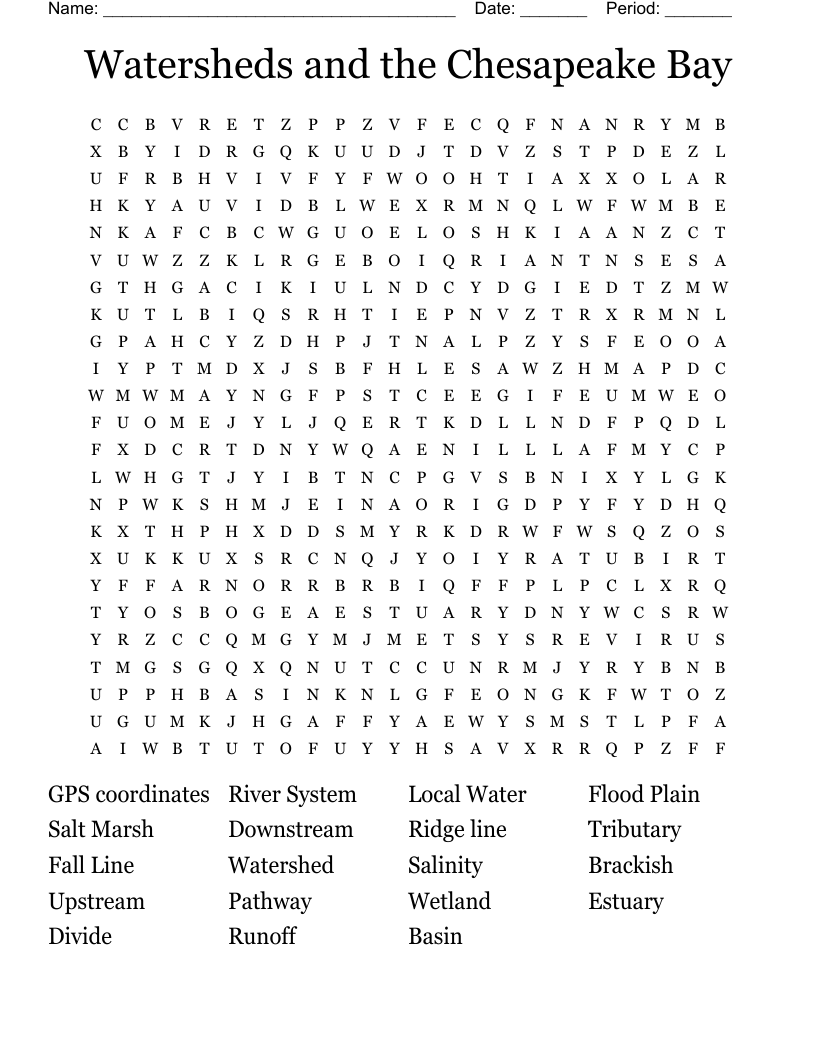 Watersheds and the Chesapeake Bay Word Search