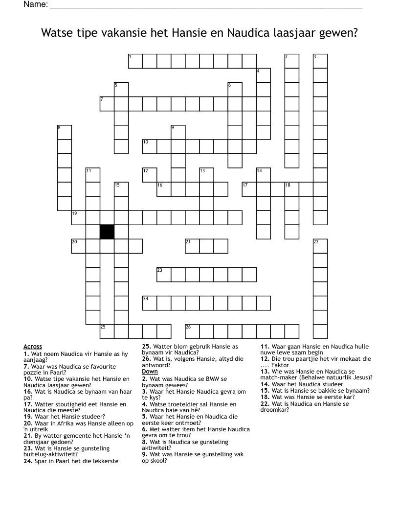 Watse tipe vakansie het Hansie en Naudica laasjaar gewen? Crossword