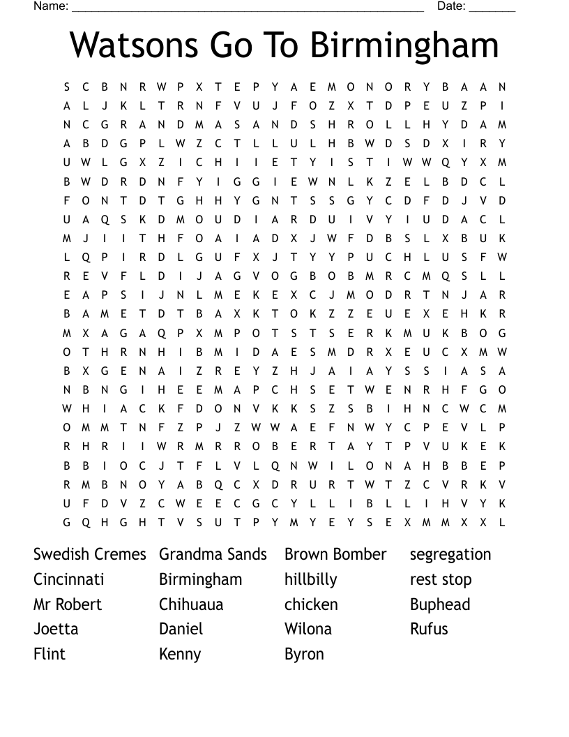 Watsons Go To Birmingham Word Search
