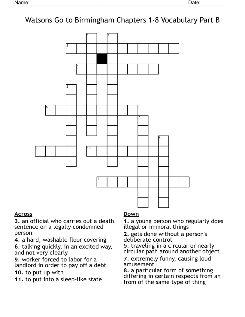 Watsons Go to Birmingham Chapters 1-8 Vocabulary Part B Crossword