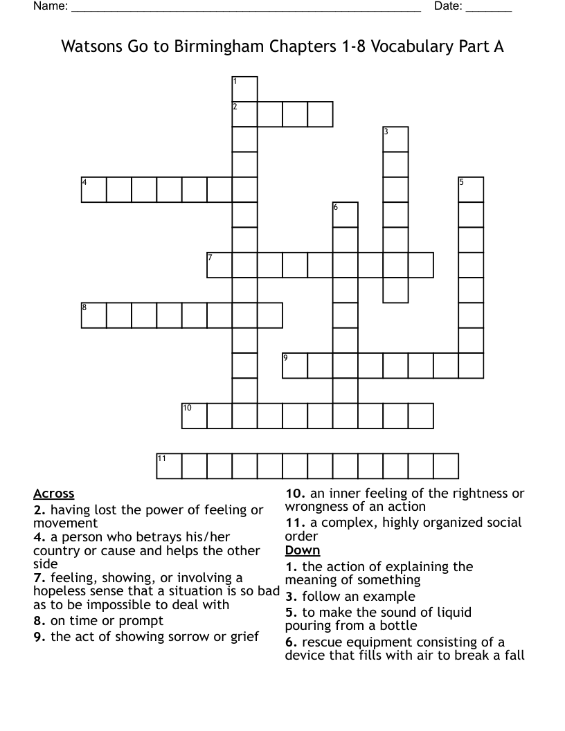 Watsons Go to Birmingham Chapters 1-8 Vocabulary  Part A Crossword